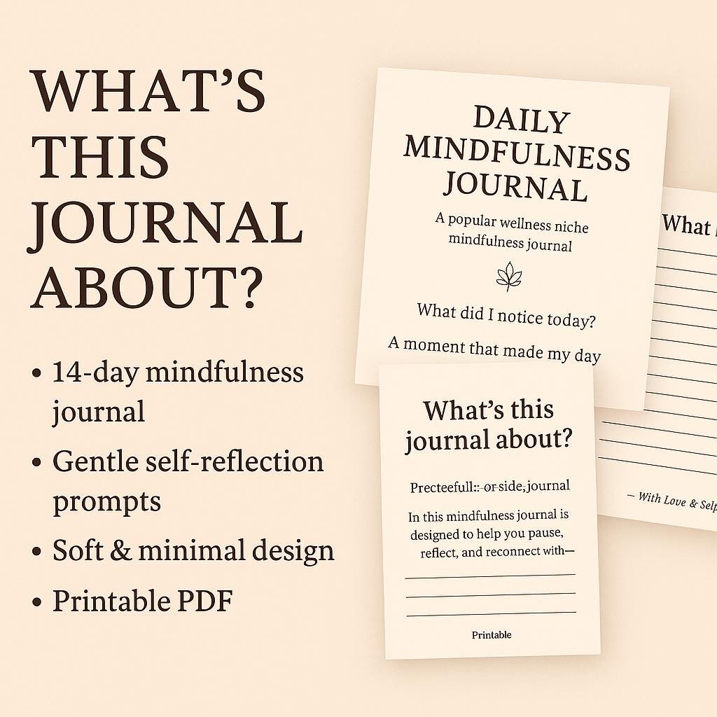 14-Day Printable Mindfulness Journal: Digital Self-Care Reflection PDF Gift for Emotional Wellness