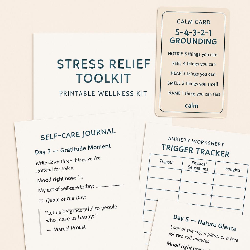 Printable Self-Care Journal & Anxiety Worksheets: Stress Relief Toolkit for Mental Wellness