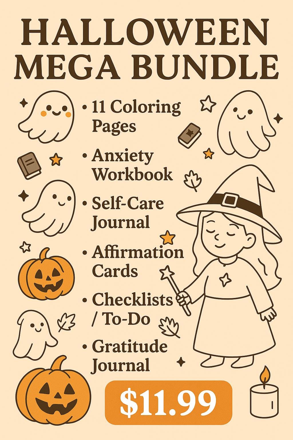 Halloween Self-Care Bundle: Coloring, Journals, Checklists, Affirmations & Party Prep Printables