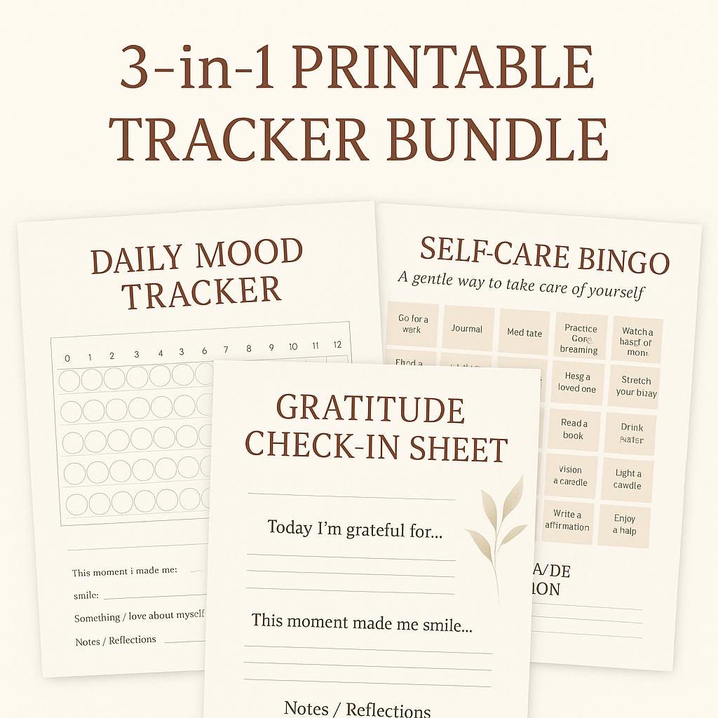 Printable Tracker Bundle | 3-in-1 Daily Mood, Gratitude & Self-Care Bingo Sheets | Minimalist A4 PDF