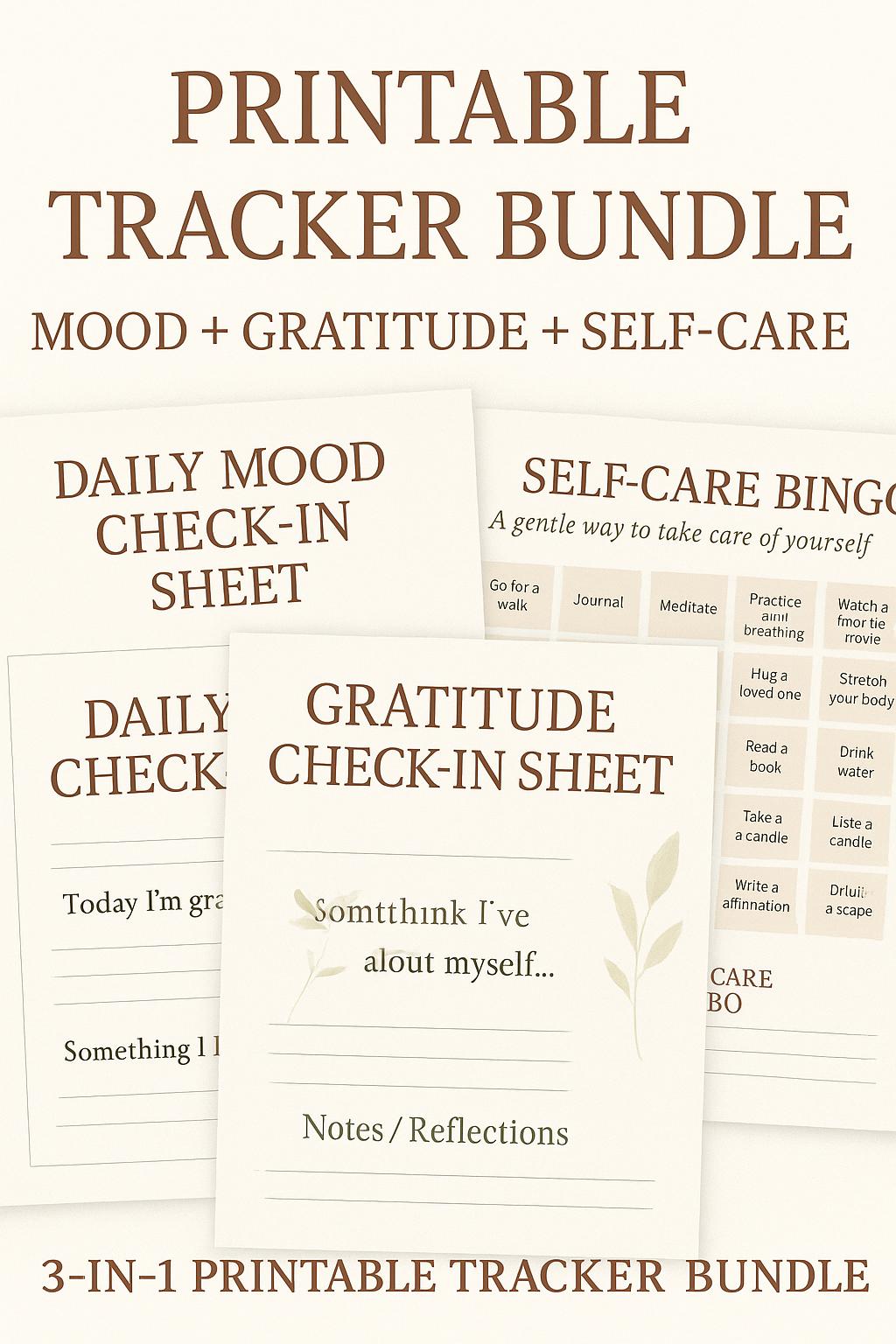 Printable Tracker Bundle | 3-in-1 Daily Mood, Gratitude & Self-Care Bingo Sheets | Minimalist A4 PDF