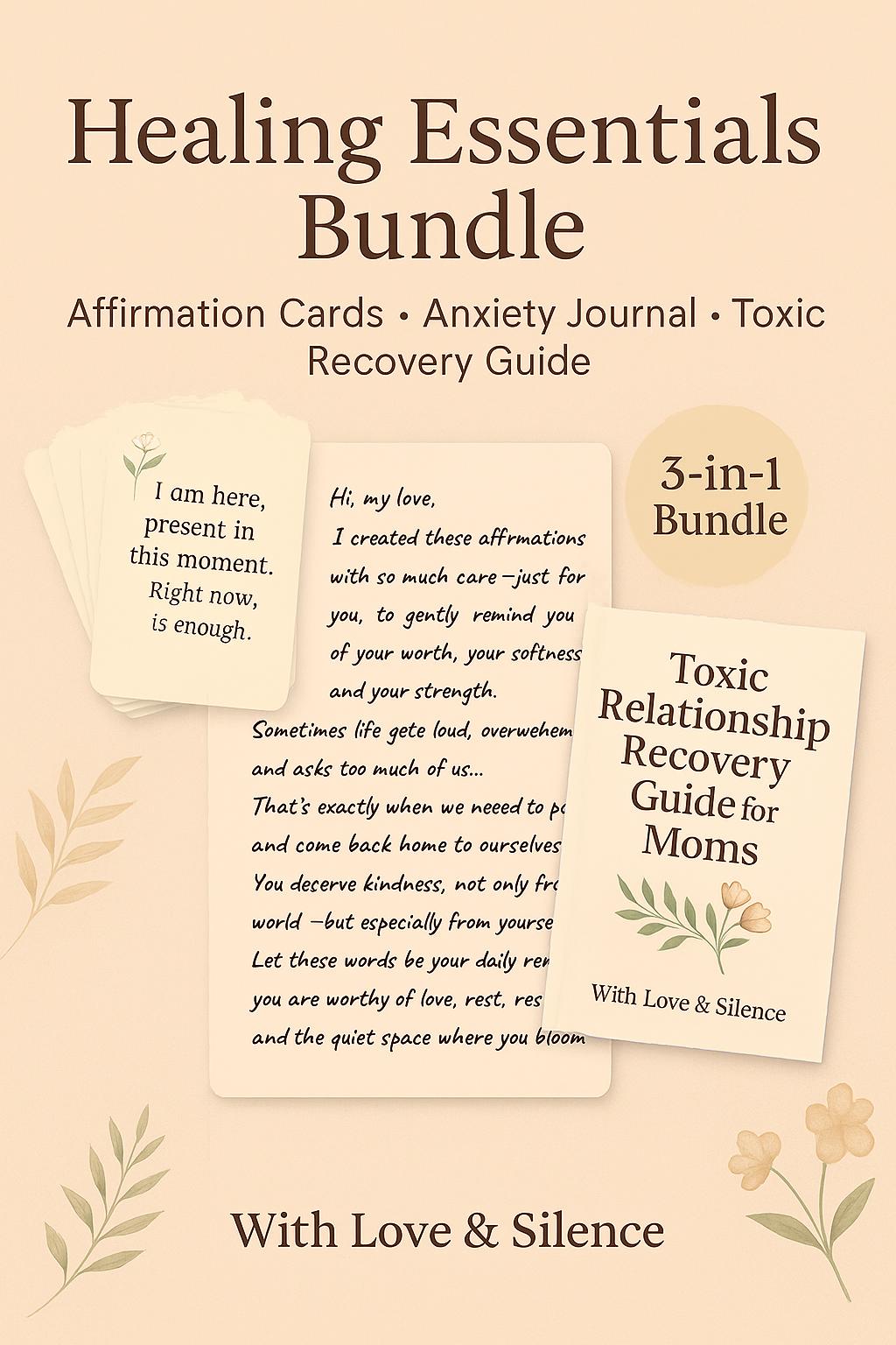 Essentials Self-Care Bundle | Affirmation Cards + Anxiety Journal + Gentle Recovery Guide | 3-in-1 Printable PDF Set