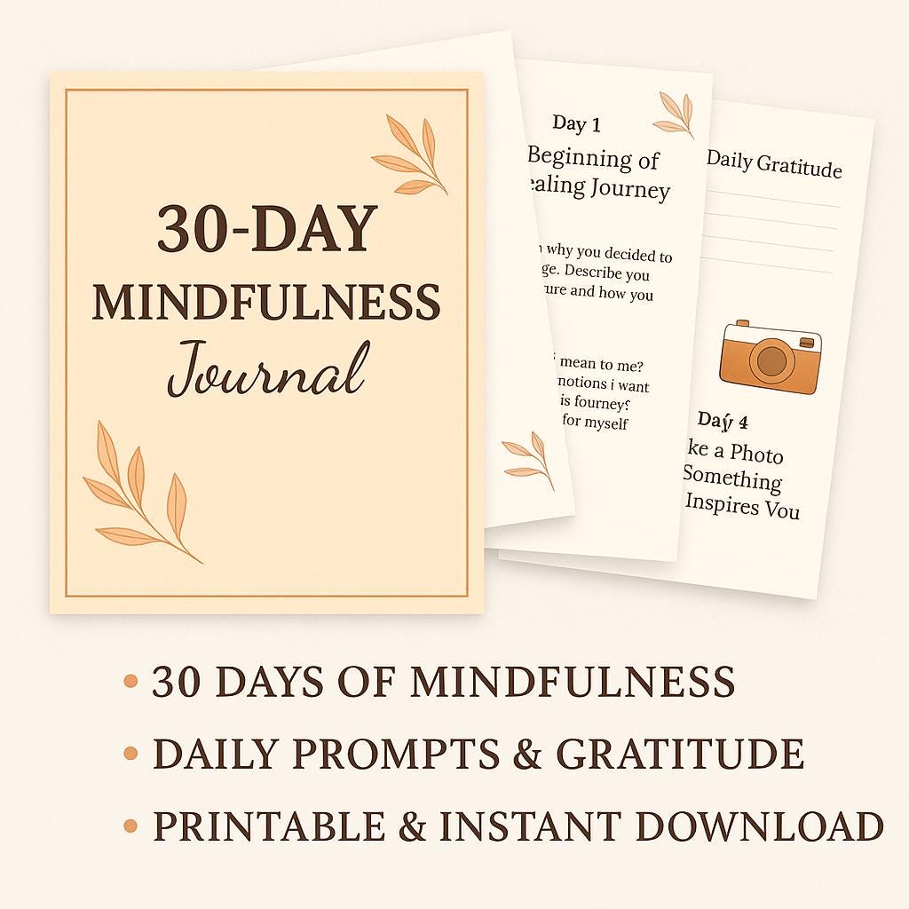30-Day Mindfulness Journal: Daily Gratitude, Self-Care | Reflection PDF for Stress Relief & Mental Wellness