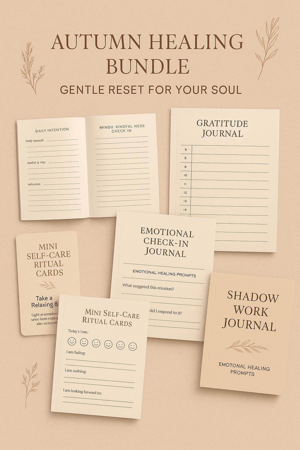 Autumn Healing Bundle: Mindfulness Journals, Shadow Work, Self-Care Cards & Emotional Check-In PDF