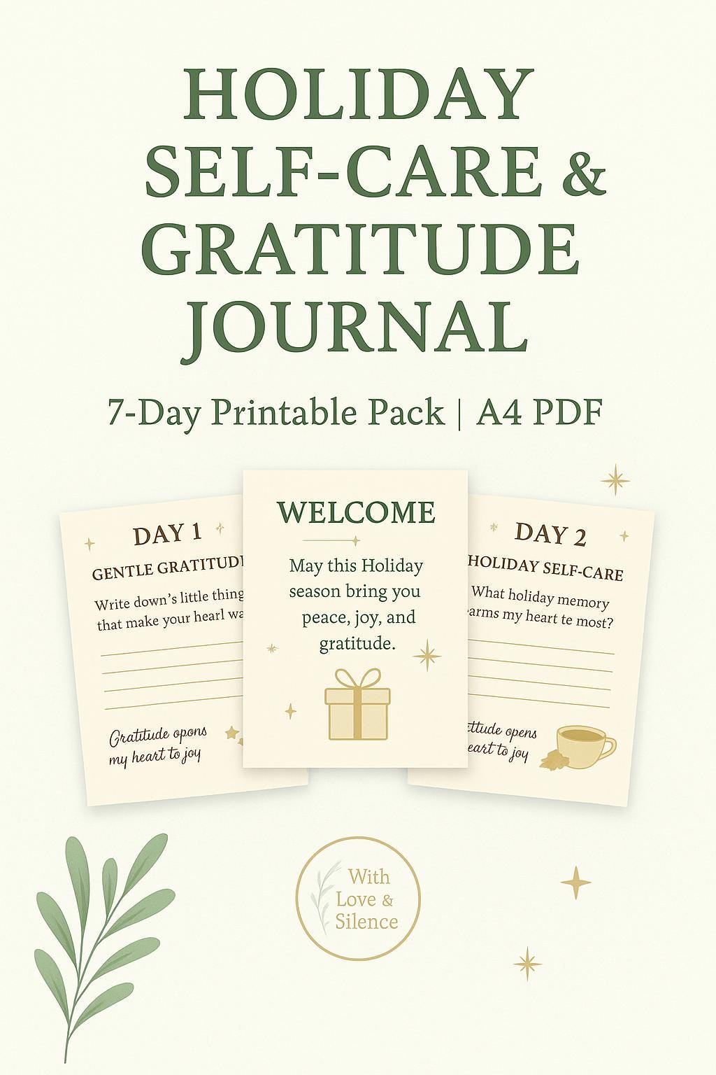 Holiday Self-Care & Gratitude Journal | 7-Day Printable Pack | Christmas Wellness PDF | Instant Download A4