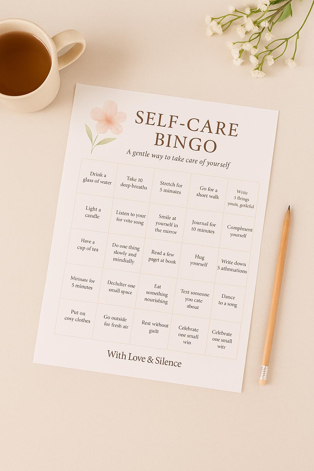 Printable Self-Care Bingo: Wellness Game for Mental Health, Mindfulness & Healing Activities