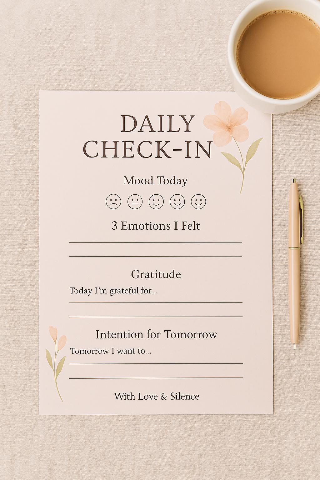 Printable Daily Mood & Gratitude Check-In Sheet | Self-Care Wellness Tracker PDF | Mental Health Journal