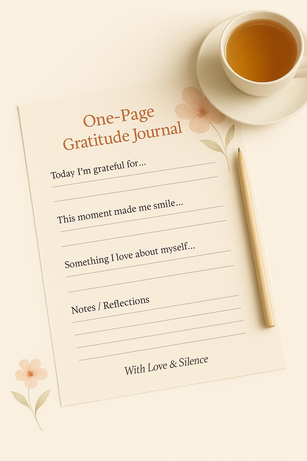 Daily Gratitude Journal: Printable One-Page Self-Reflection Worksheet for Mindfulness & Wellness