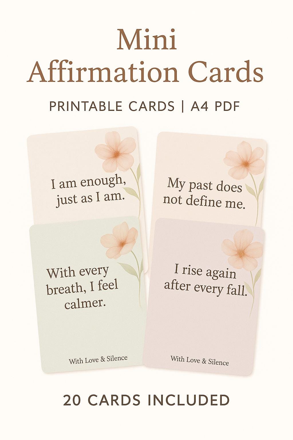 Printable Mini Affirmation Cards: 20 Self-Love & Healing Quotes for Daily Motivation (PDF)