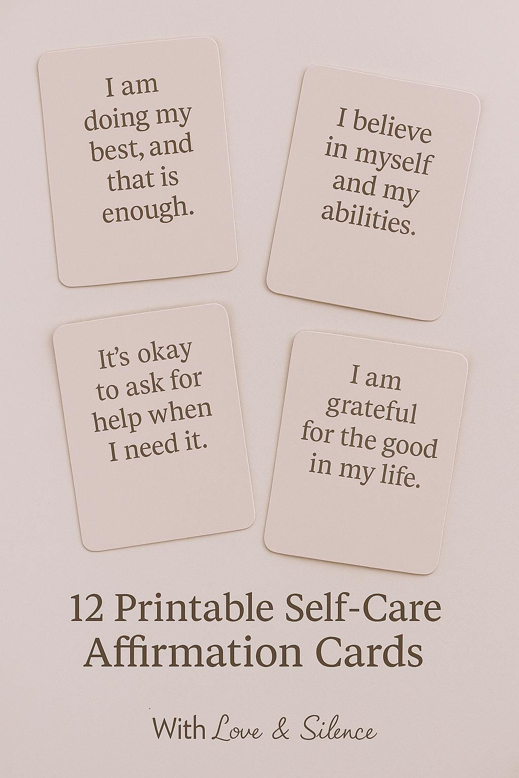 Printable Self-Care Affirmation Cards | 12 Gentle Positive Quotes | Mental Health & Wellness PDF | Instant Download