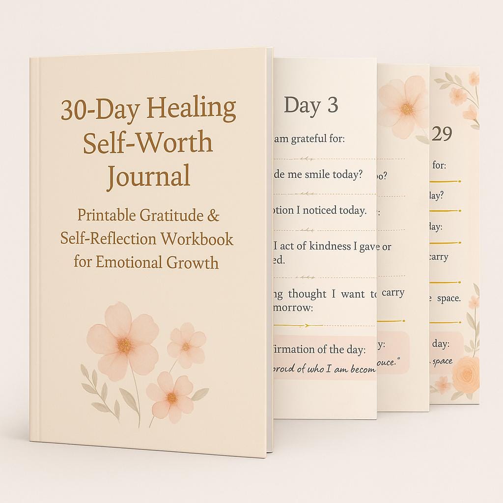 30-Day Healing Self-Worth Journal: Printable Gratitude & Self-Reflection Workbook for Emotional Growth
